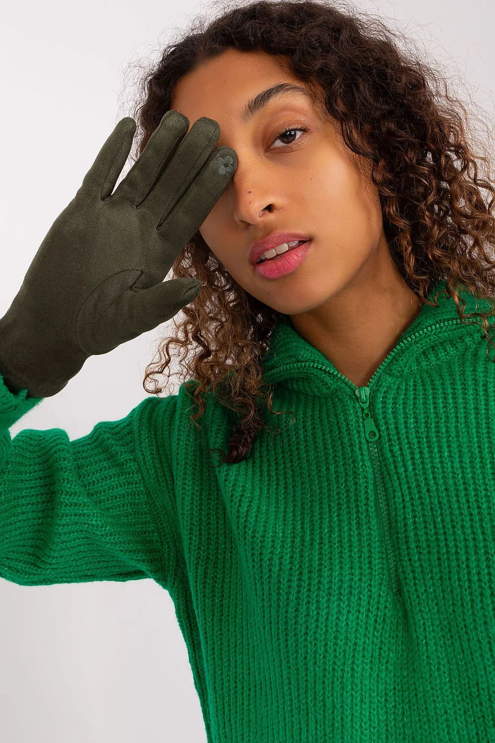 Gants élégants pour femmes en tissu isolant fleur brodée couleur kaki manches longues pull assorti automne hiver