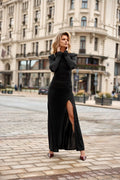 robe longue noire soirée maxi moulante jersey extensible drapée décolleté plongeant dos manches longues fente haute épaulettes marquantes polonaise