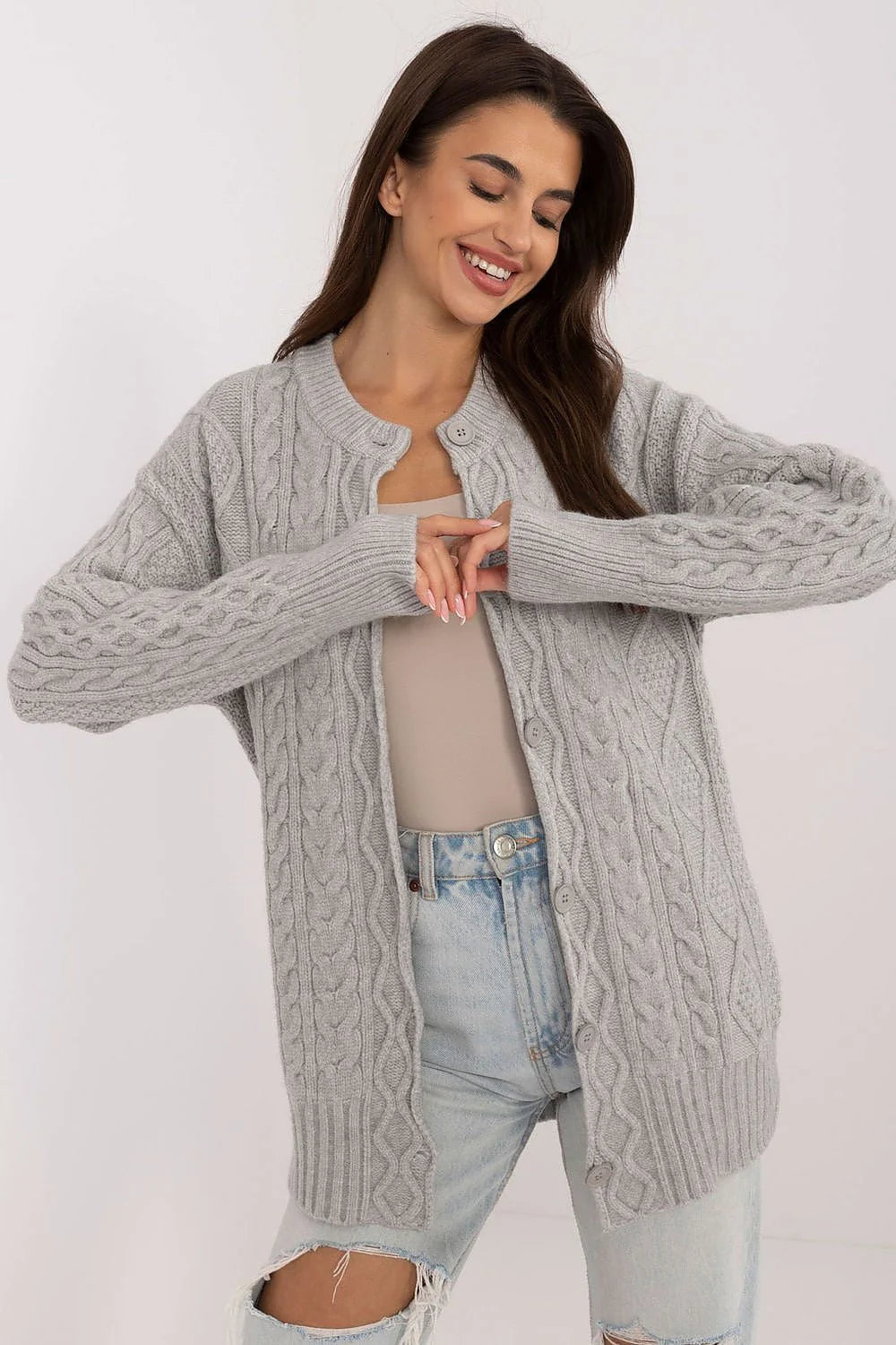 Cardigan femme style décontracté motif torsadé gris matériau tricoté manches longues col rond boutons ton sur ton