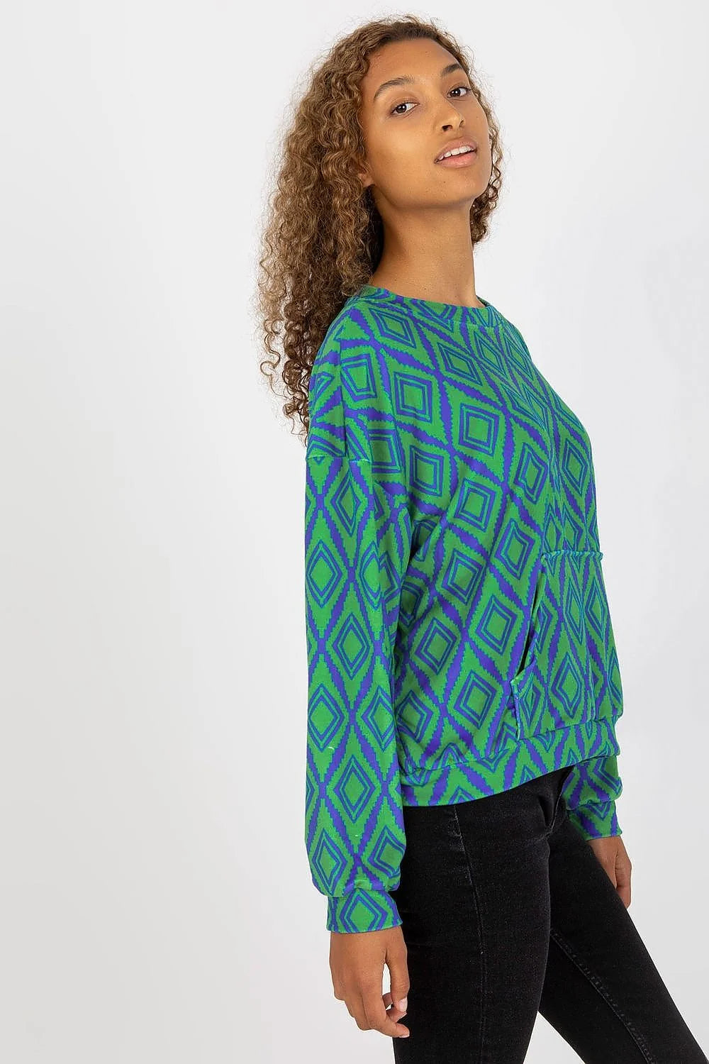 Sweatshirt femme Rue Paris manches longues motif géométrique vert bleu violet