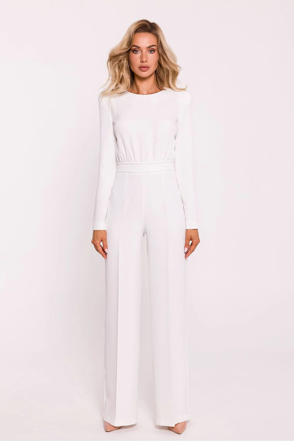Combinaison élégante pour femme matière douce couleur blanche style minimaliste manches longues jambes larges coupe structurée occasion formelle