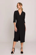 Robe de jour Stylove midi V-neck manches 3/4 motif croisé ceinture ajustable noir femme élégance professionnelle occasion formelle