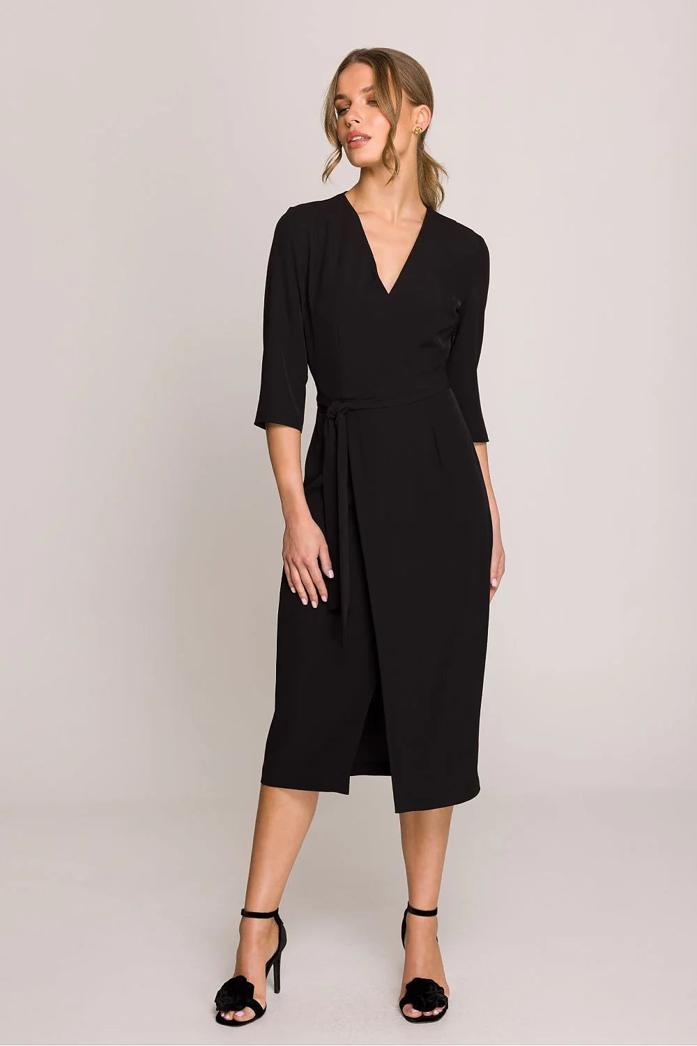 Robe de jour Stylove midi V-neck manches 3/4 motif croisé ceinture ajustable noir femme élégance professionnelle occasion formelle