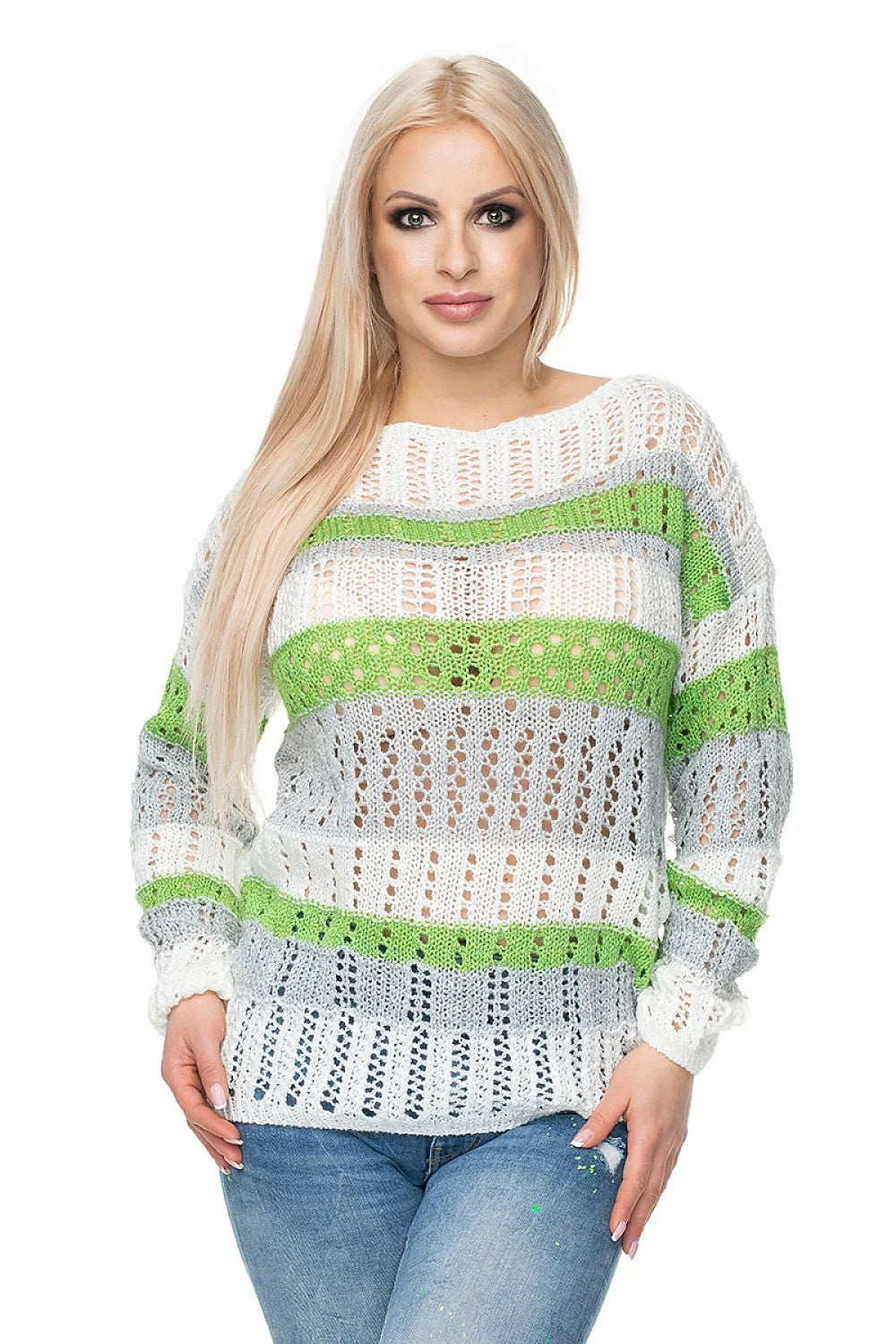 Pullover féminin maille ajourée rayures colorées orange rose jaune manches longues col rond coupe ample maille respirante vêtement mode été printemps