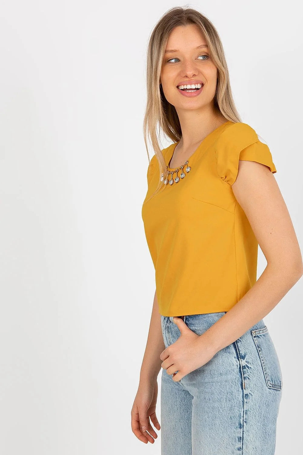 Chemisier Lakerta femme élégant moderne couleur jaune moutarde col rond manches courtes détails métalliques coton confort polyvalent