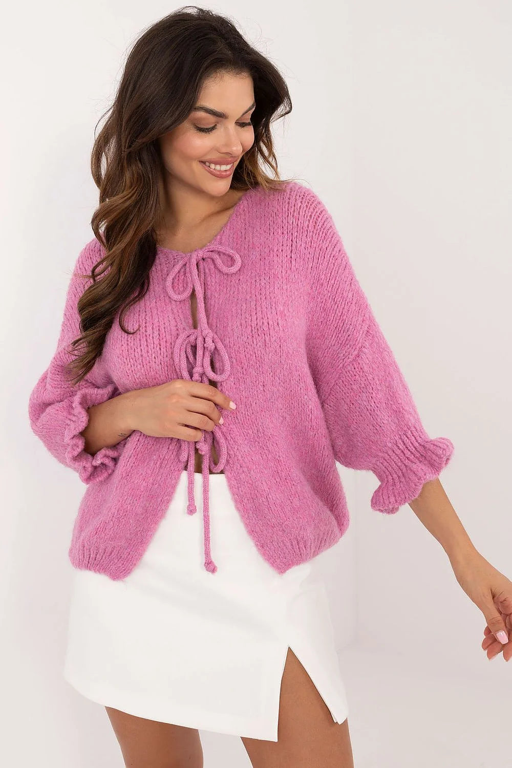 Cardigan femme rose vif coupe ample manches longues évasées fermeture à lacci acrylique doux Moda Italy