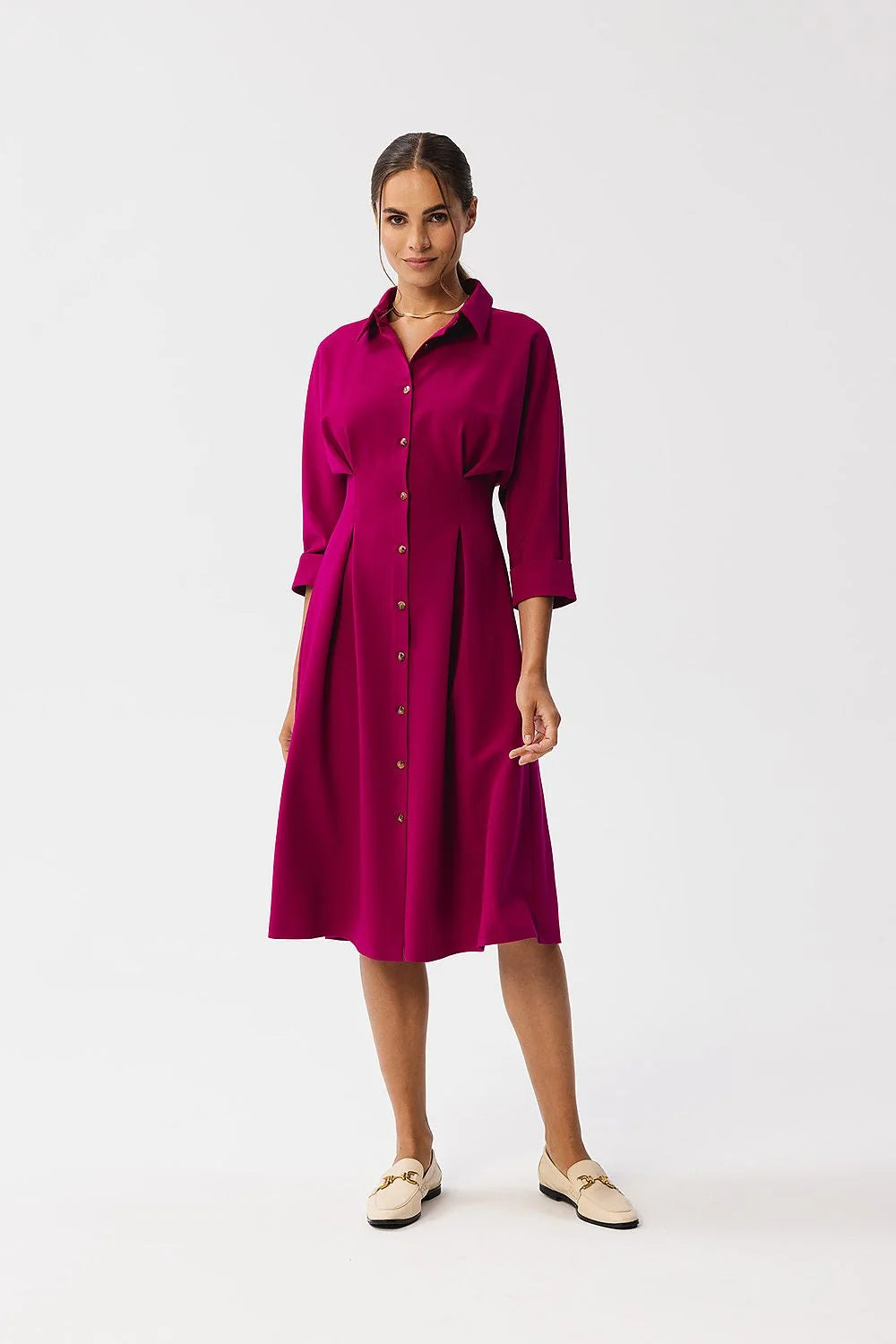 Robe de jour élégante Style chemisier Col classique Fermeture à boutons Manches 3/4 Cuffs relevés Taille cintrée Fente A-line Tissu polyester-coton Fuchsia vif Femme