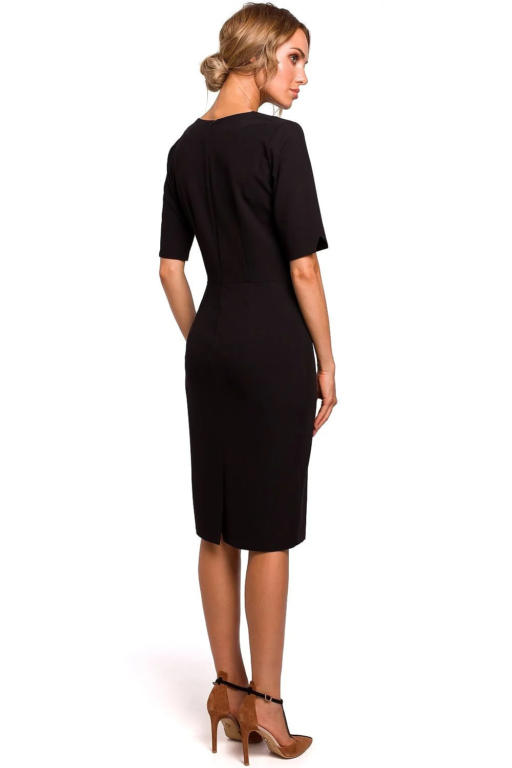 robe fourreau midi bleu royal ajustée structurée taille marquée encolure V manches mi longues tissu polyester viscose elasthanne maintien élégant