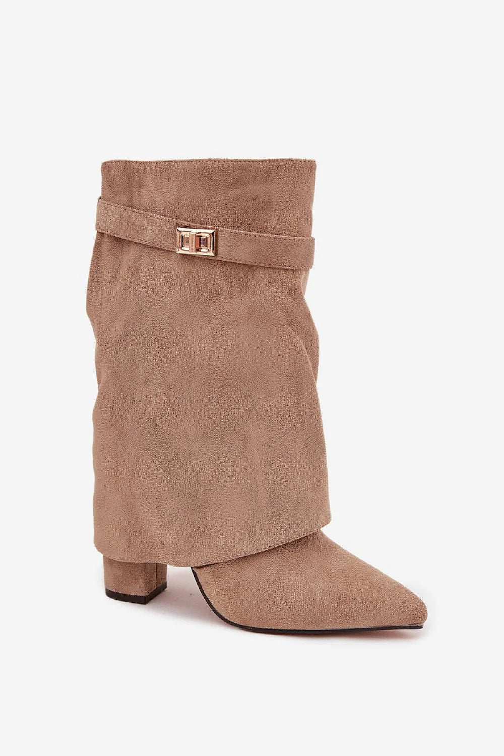 bottines suédine taupe écologique effet daim bout pointu talon bloc tige plissée revers bande décorative boucle dorée fermeture éclair