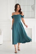 Robe de soirée élégante vert bouteille sans manches bretelles fines drapé neckline jupe évasée polyester elastane femmes