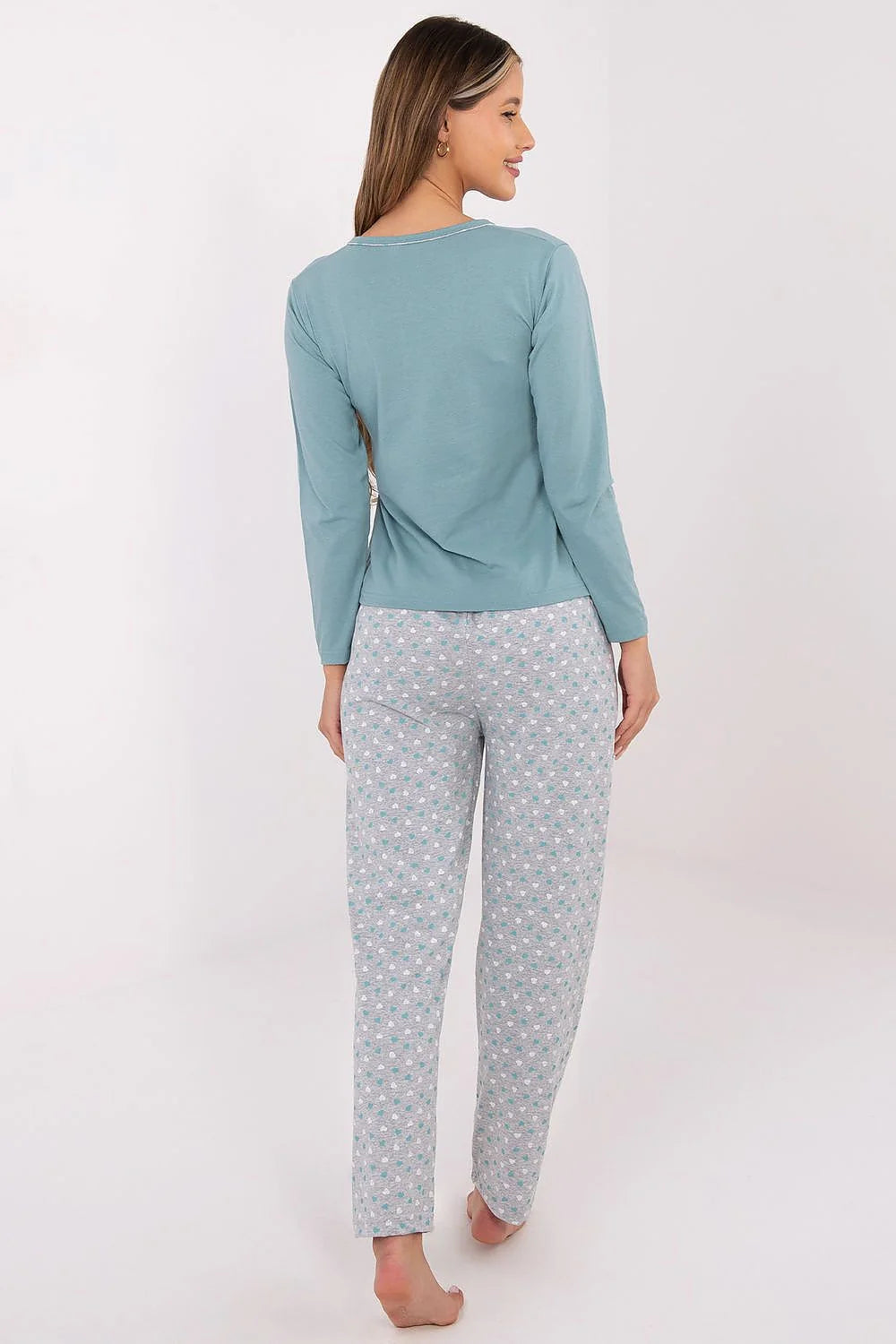 pyjama femme deux pièces manches longues menthe jersey doux col rond patte boutonnée décorative pantalon droit gris clair imprimé turquoise