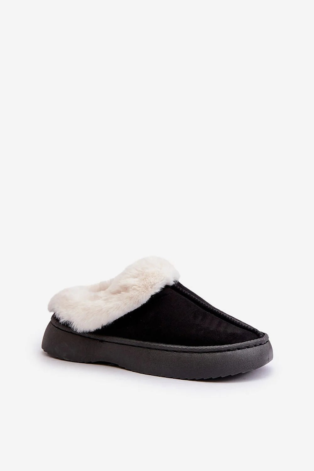 mules femmes suédine noire col fourrure blanche doublée chaude confortable semelle caoutchouc antidérapante coutures discrètes style mocassin