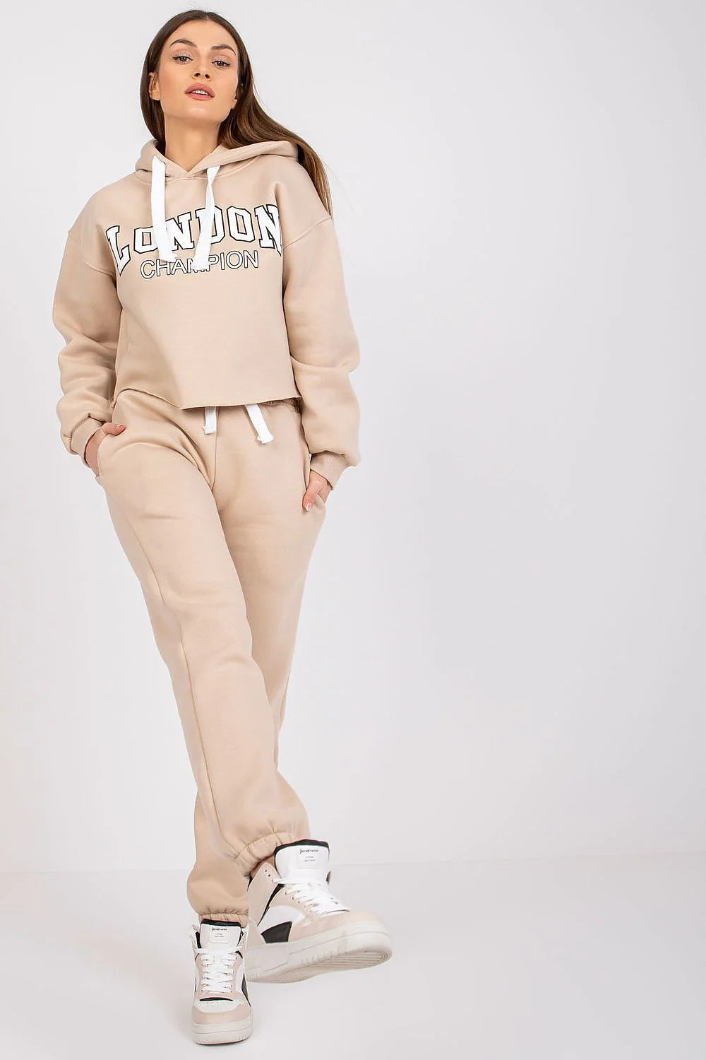 Ensemble Ex Moda femme hoodie sweat à capuche Londres champion joggers coton beige décontracté moderne urbain