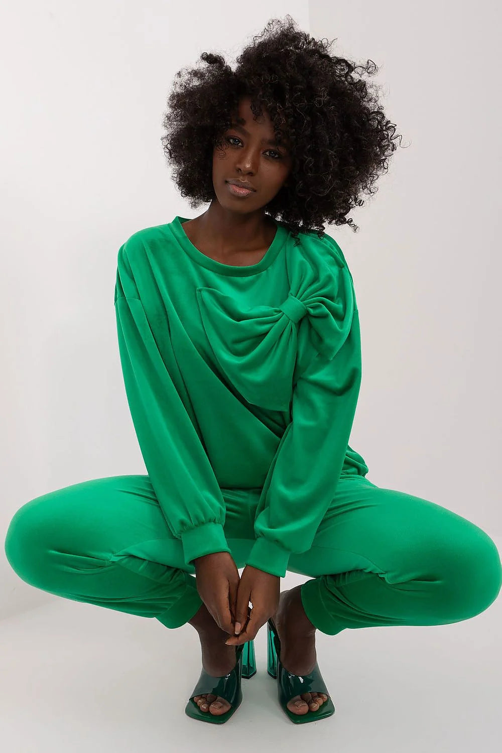 Ensemble coordonné féminin vert vif bow élégant coupe droite pantalon taille élastique haut manches longues