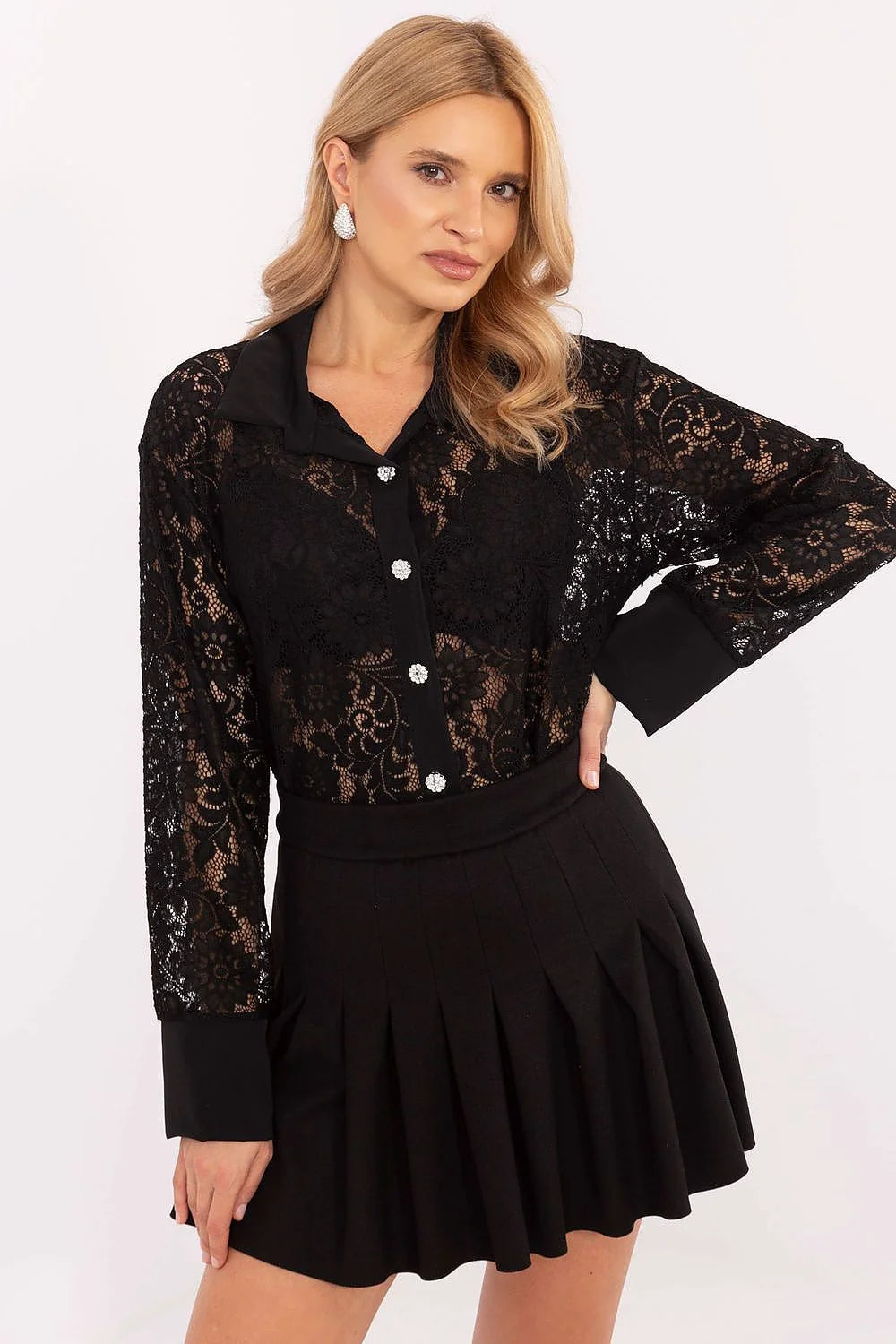 Ensemble élégant pour femmes haut dentelle noire jupe plissée robe soirée occasion spéciale mode sophistiquée