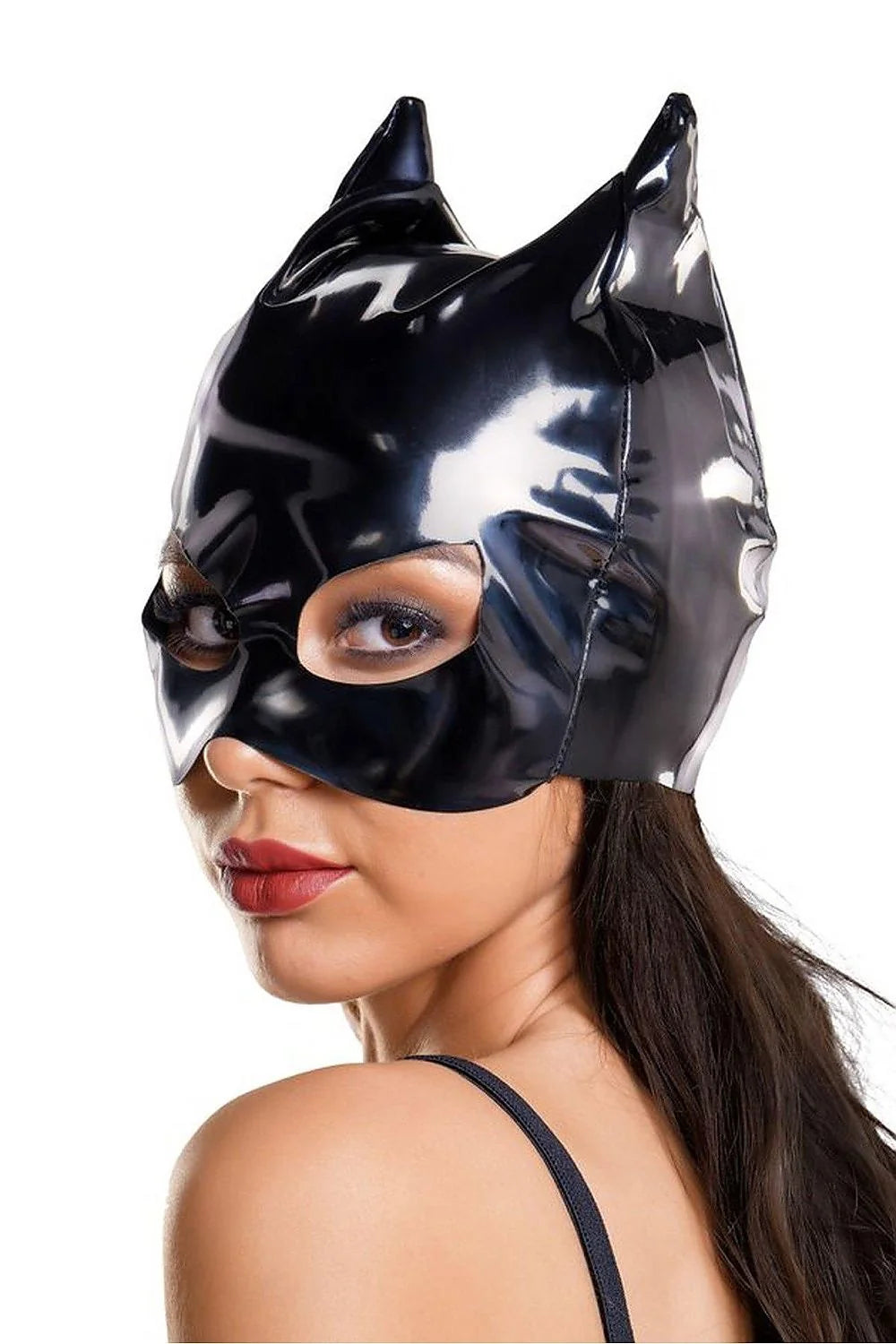 Masque Glossy Catwoman Brillant Latex Noir Profond Sculpté Oreilles Pointues Moulé Ajusté Larges Ouvertures Oculaires Verni Synthétique PVC Cosplay Soirée