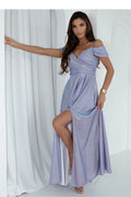 Robe élégante longue en tissu scintillant couleur lavande effet irisé décolleté en V fente haute bretelles fines mariage soirée