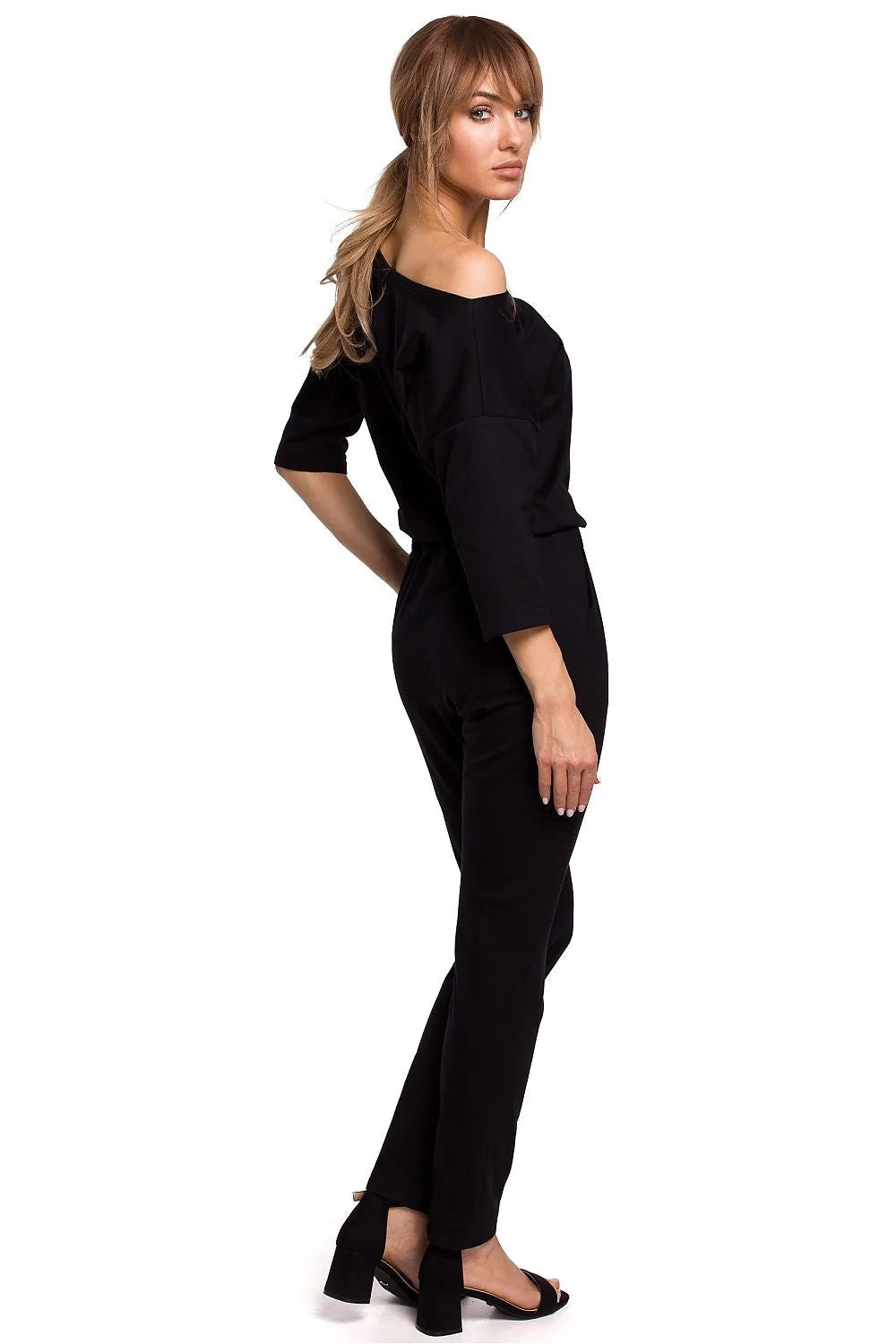 combinaison femme coton jersey gris clair décontractée chic élégante taille élastique manches trois quart épaule asymétrique poches latérales
