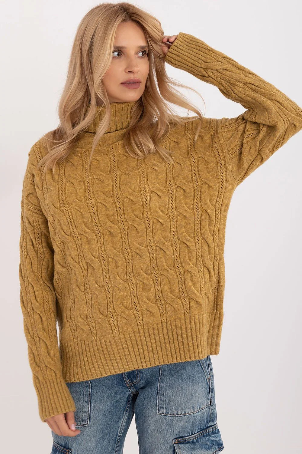 Pull-over femme style décontracté col roulé tricot torsadé moutarde laine polyester polyamide manches longues