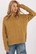 Pull-over femme style décontracté col roulé tricot torsadé moutarde laine polyester polyamide manches longues