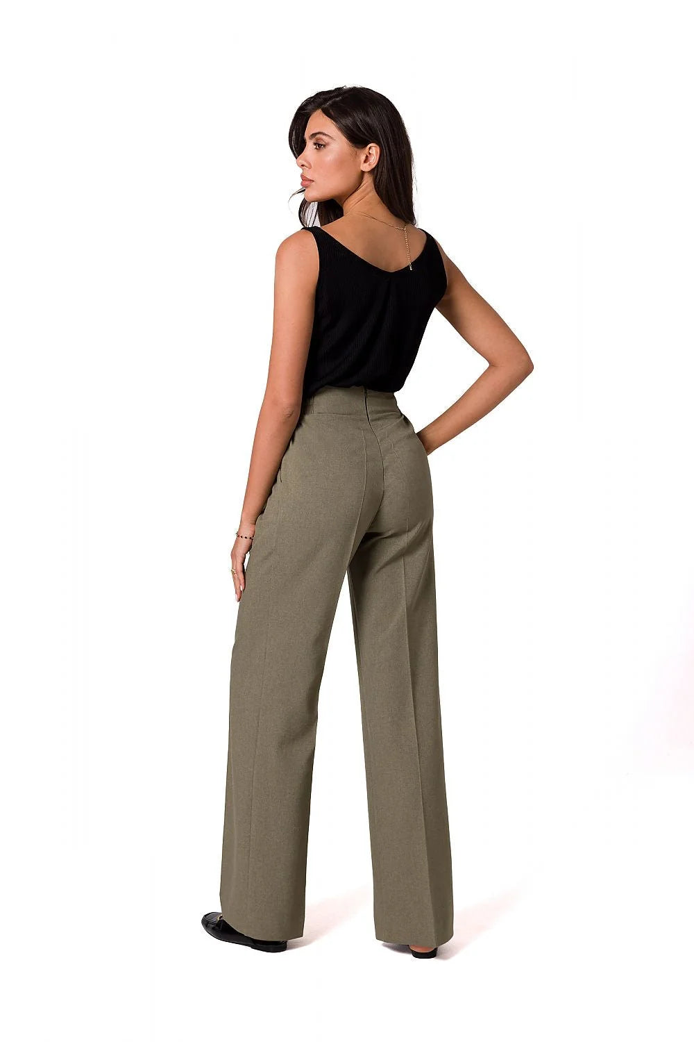 Pantalon long Be Wear en tissu léger, blanc, taille haute, coupe ample, boutons dorés, pour femmes élégantes