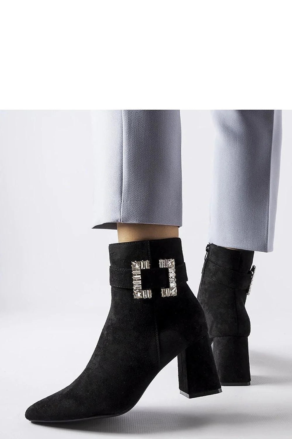 Bottes à talons carrés élégantes pour femmes, cuir suède noir, détails cristal, fermeture éclair latérale, confort et style