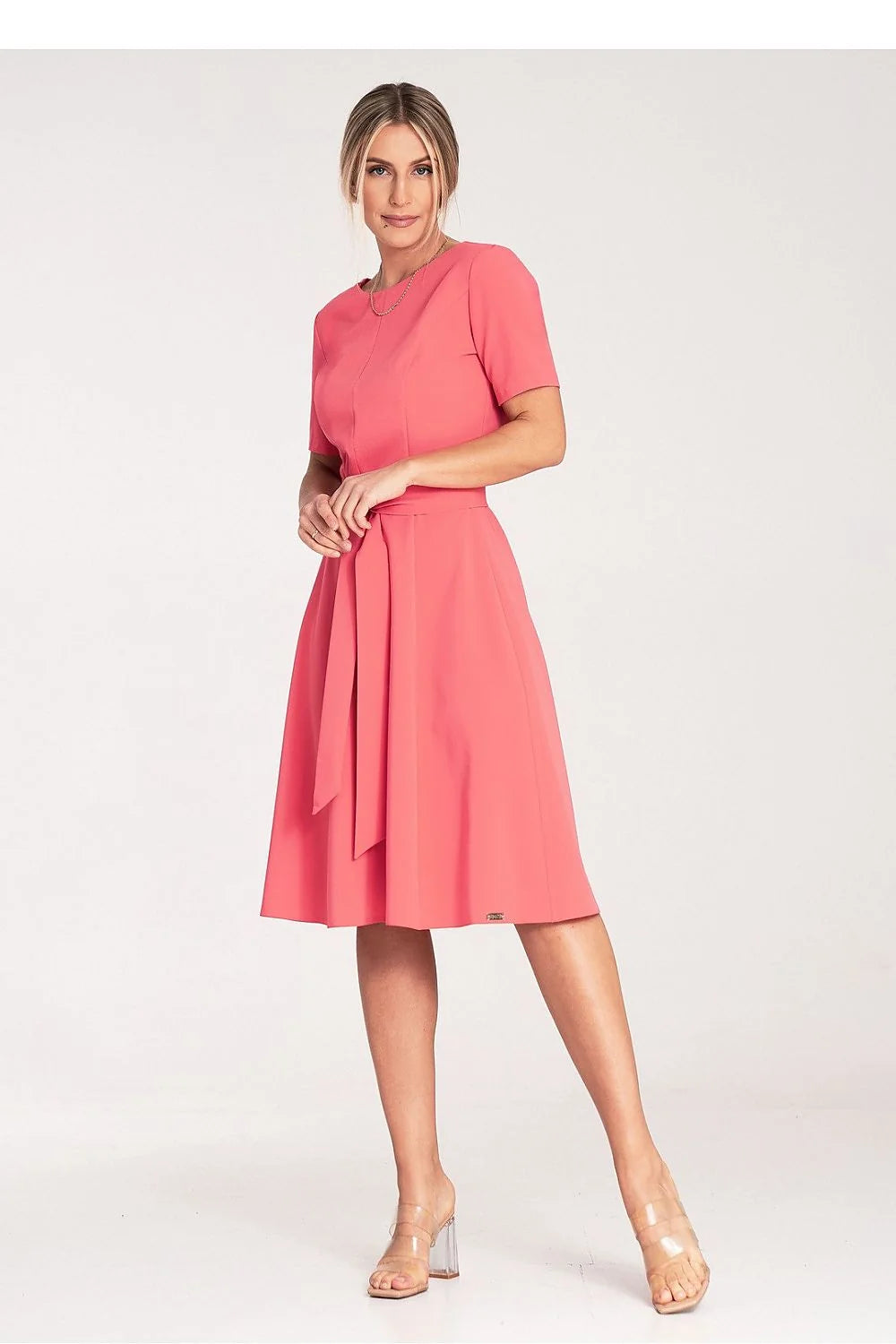 Robe de jour Figl élégante en polyester-viscose, manches courtes, ceinture à nouer, couleur corail, occasion多种, femme