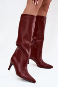 bottes femme montantes genou bout pointu talon fin 7 cm cuir synthétique bordeaux légèrement brillant tige froncée silhouette fuselée