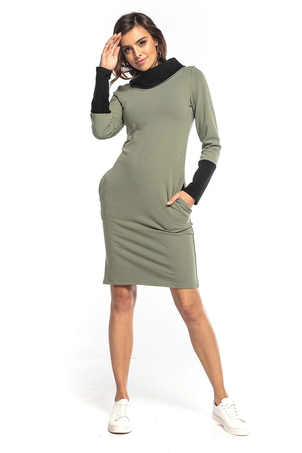 Robe en maille coton casual chic noire rose ajustée confortable manches longues avec poches femmes