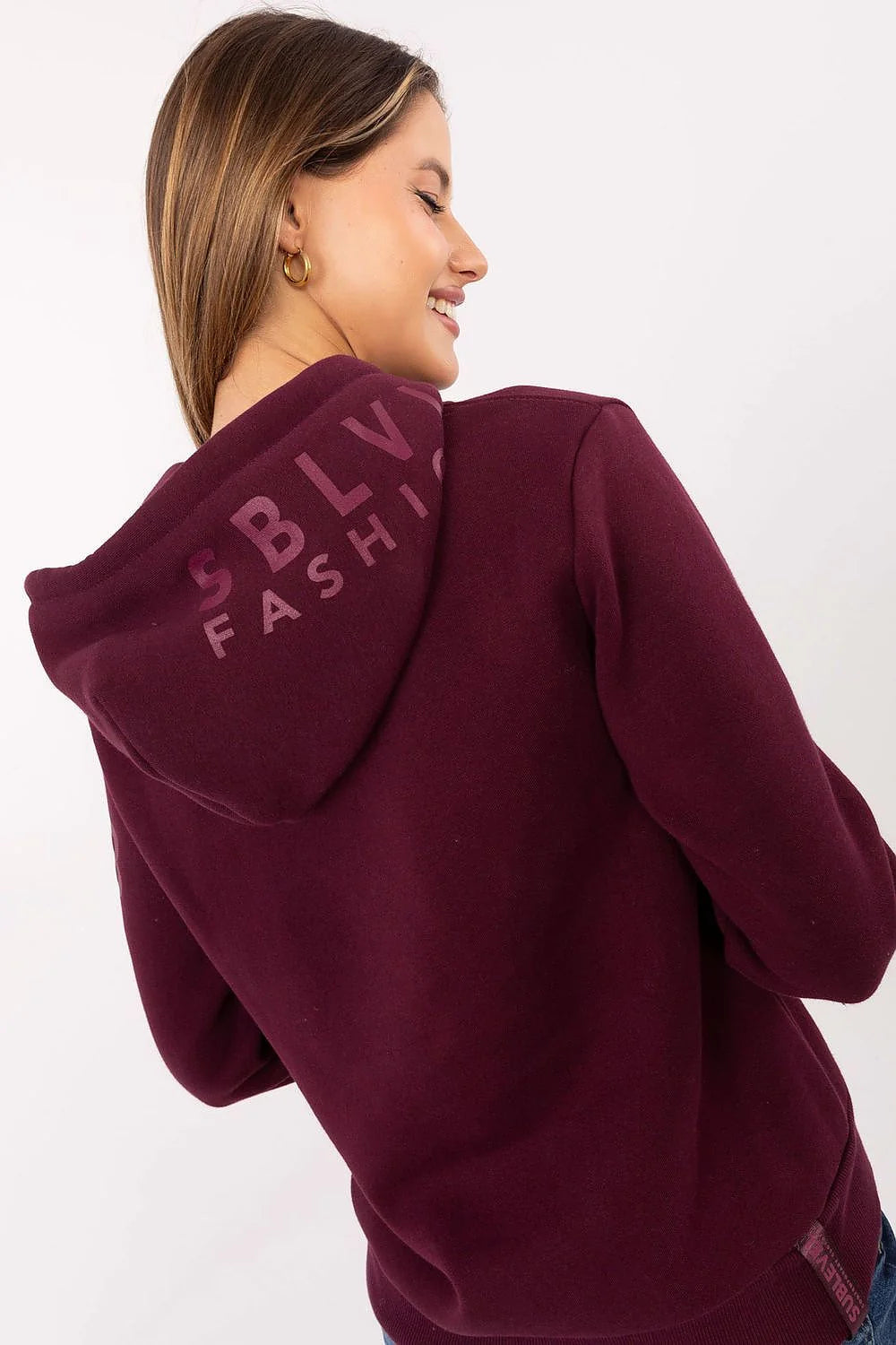 sweatshirt femme molleton coton polyester bordeaux coupe régulière manches longues capuche ajustable cordons épais fuchsia poche kangourou bords côtes poignets