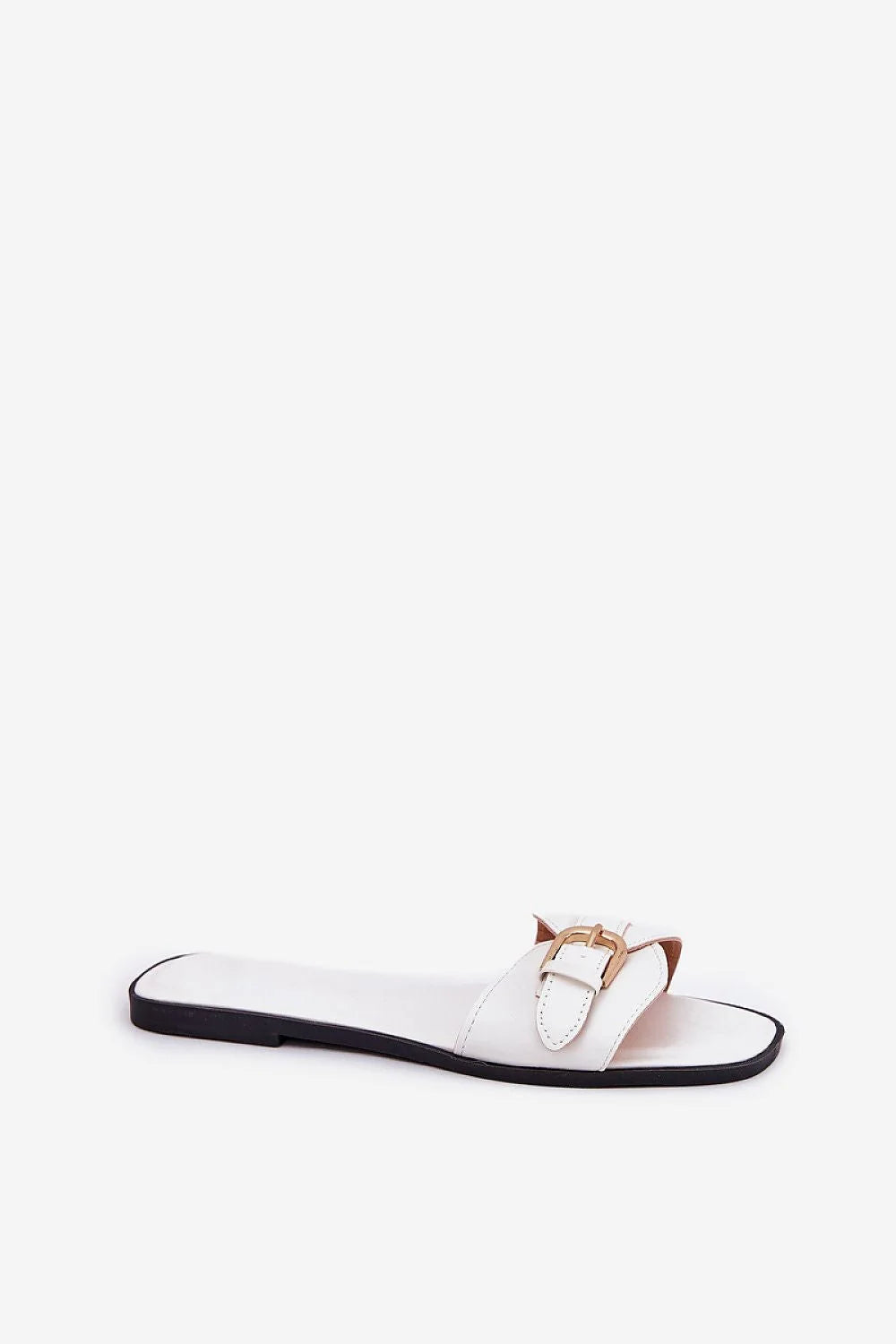 Mules pour femmes en cuir écologique, talon plat, boucle dorée, style élégant, confortable, été, printemps, robe, jupe, pantalon, accessoire mode, look sophistiqué, style minimaliste