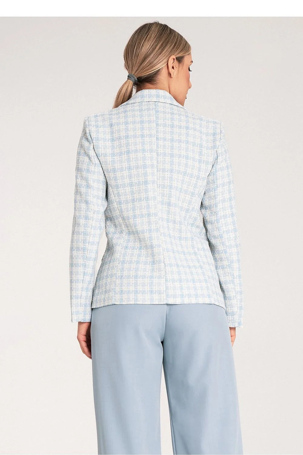 Blazer femme double boutonnage pied-de-poule bleu pâle et blanc taille ajustable coton polyester épaules structurées style élégant