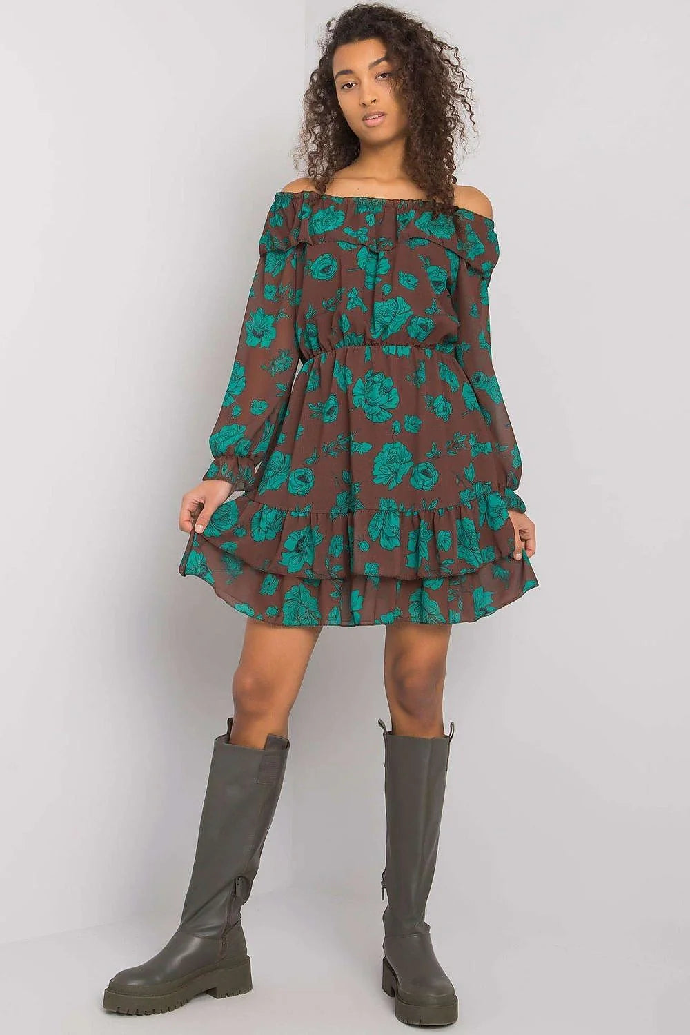 Robe de jour Italy Moda style espagnol décolleté Bardot manches longues élasthanne polyester viscose taille universelle 85 cm 92 cm