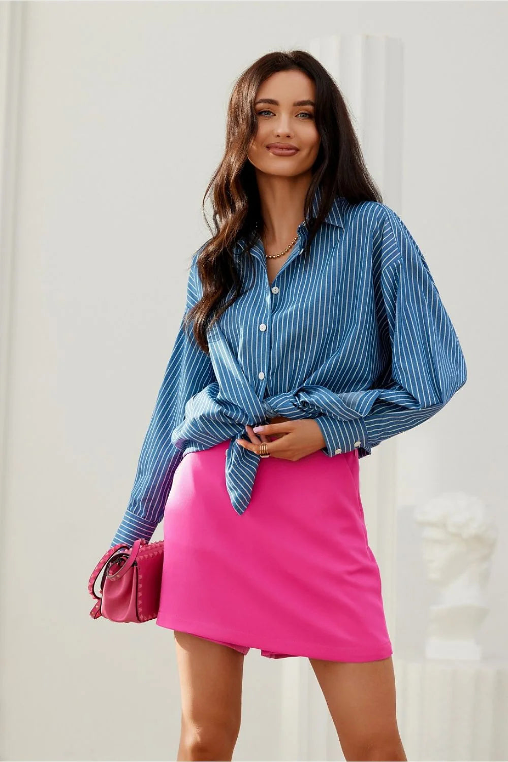 Chemise manche longue Roco Fashion oversize rayures bleu-blanc jupe rose vif mini femme Casual-Chic