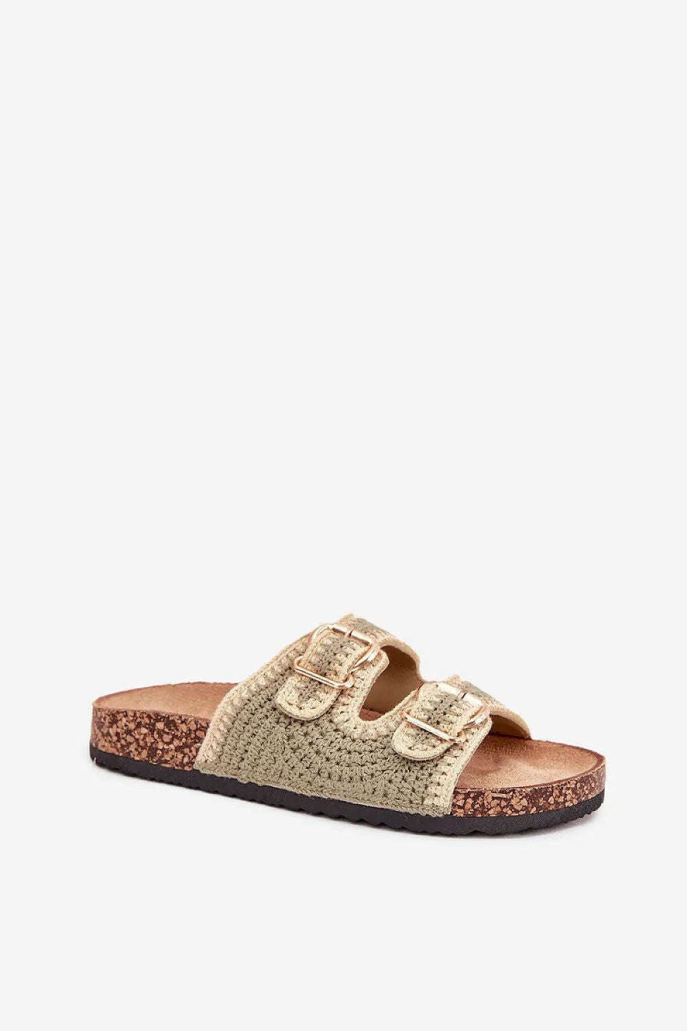 mules crochetées tissage beige taupe plateforme liège semelle anatomique suédine écologique brides réglables boucles dorées bout ouvert antidérapante confort estival