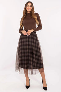 jupe midi évasée tulle délicate doublée carreaux marron taille haute élastique romantique féminine légère confortable drapé fluide élégante automnale soirée