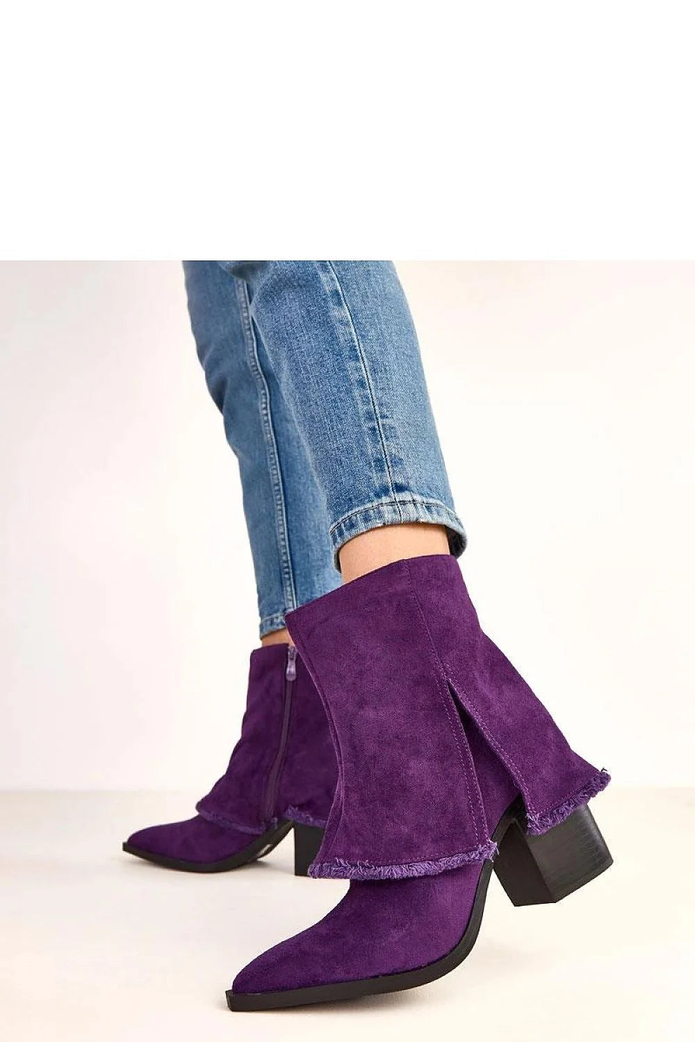 bottines femme talon 9cm bloc suède écologique violet profond bout pointu cheville 13cm col replié fermeture éclair latérale
