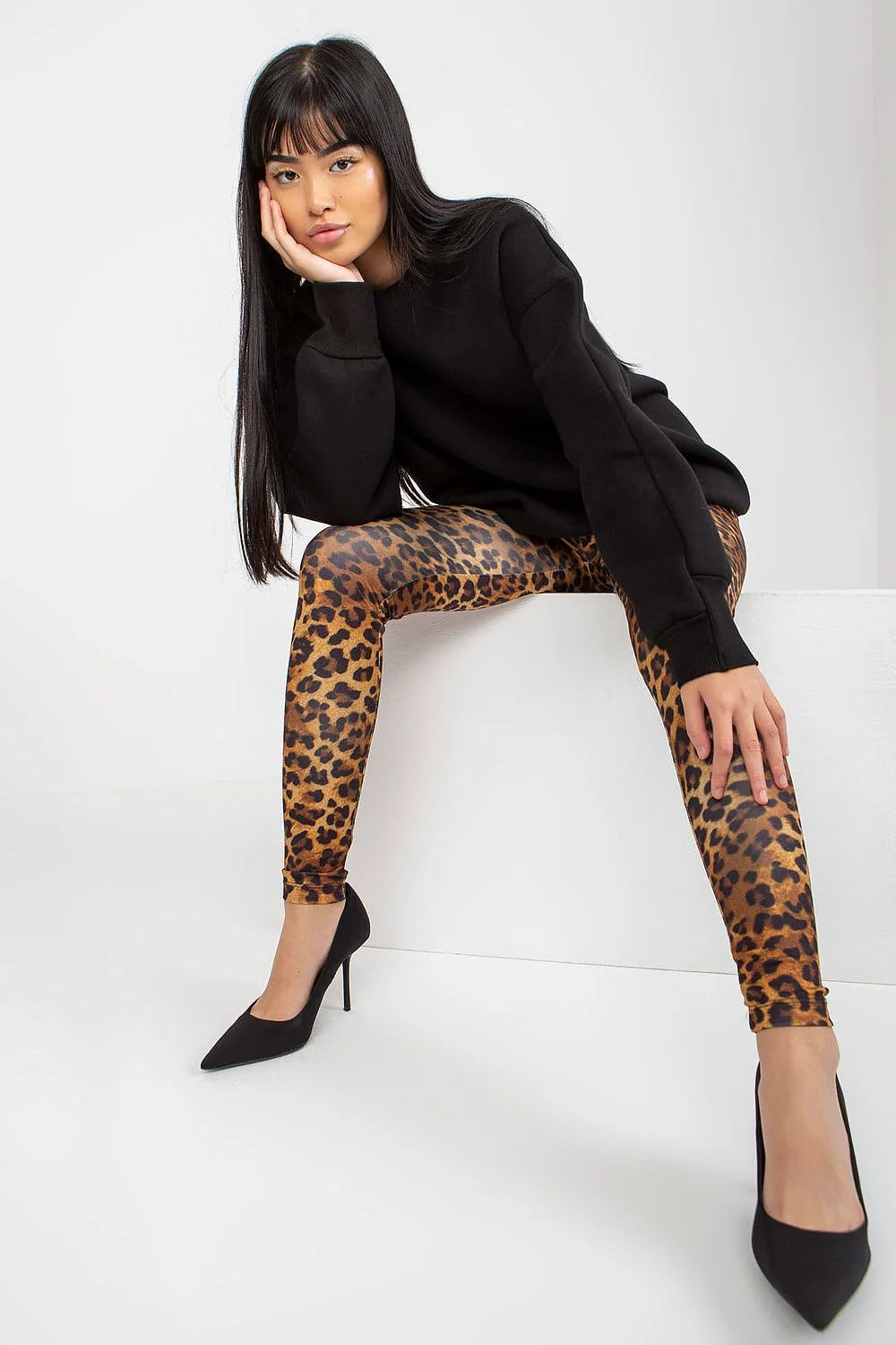Sweatshirt Set Femme À Col Rond Manches Longues Coupe Amples Leggings Léopard Élasthanne Polyester Mode Urbaine Casual