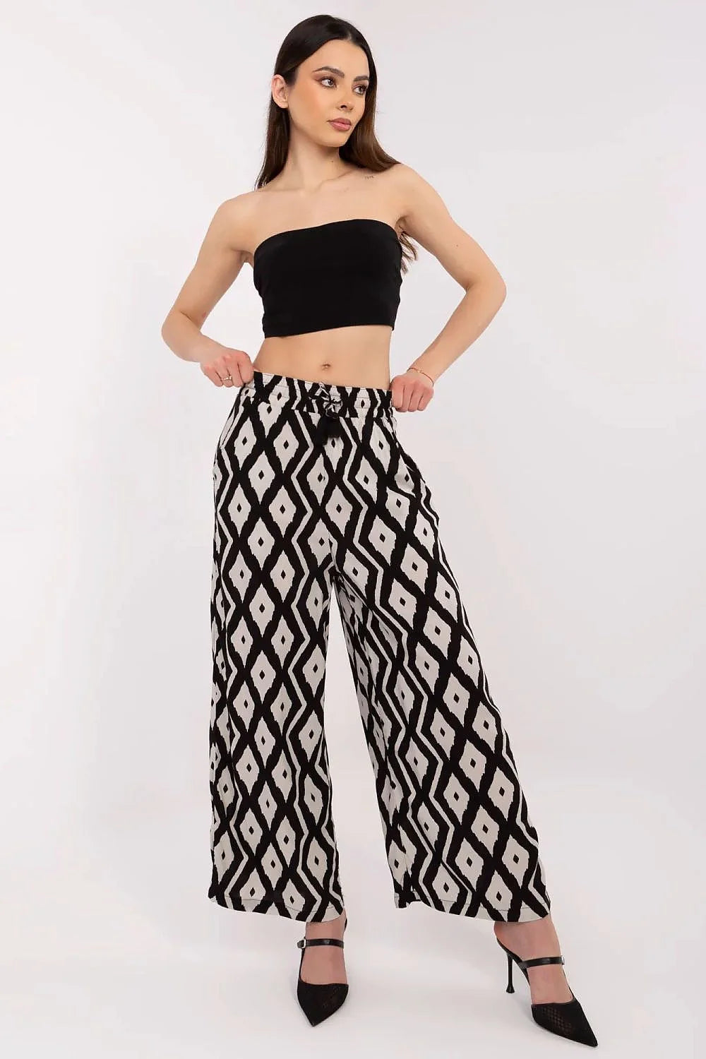 Pantalon femme Sublevel en viscose aérée, style décontracté, taille haute ajustable, motif géométrique, idéal pour look moderne