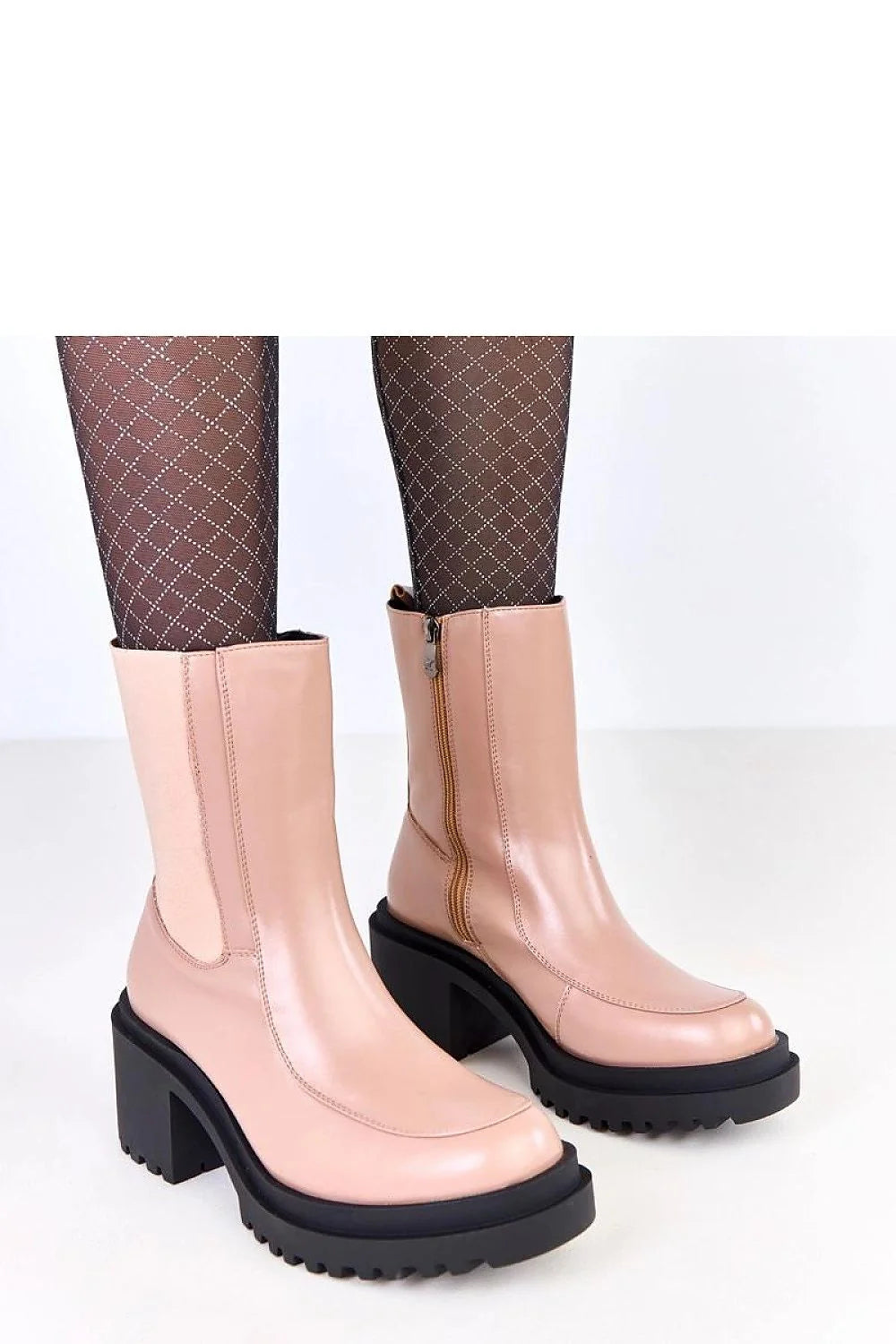 bottines Solea femme cuir écologique rose poudré lisse arrondi talon bloc 7 5cm semelle crantée antidérapante fermeture éclair
