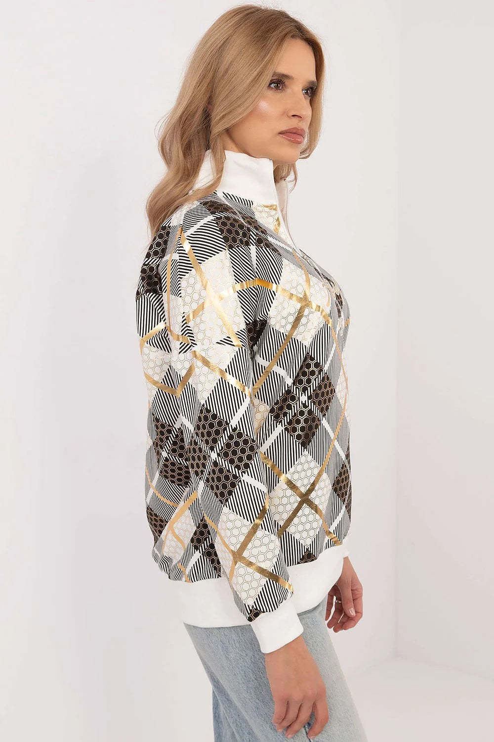Sweatshirt pour femmes en coton élasthanne motif carreaux doré col zippé coupe ample style décontracté