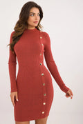 Robe de jour élégante couleur terre cuite tissu côtelé manches longues col montant boutons dorés ajustée au-dessus du genou femme