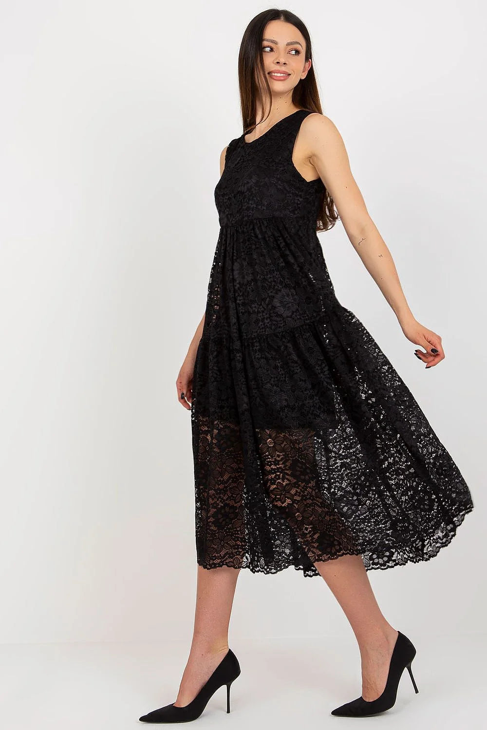 Robe de jour élégante en dentelle sans manches coupe évasée taille ajustable femme longue