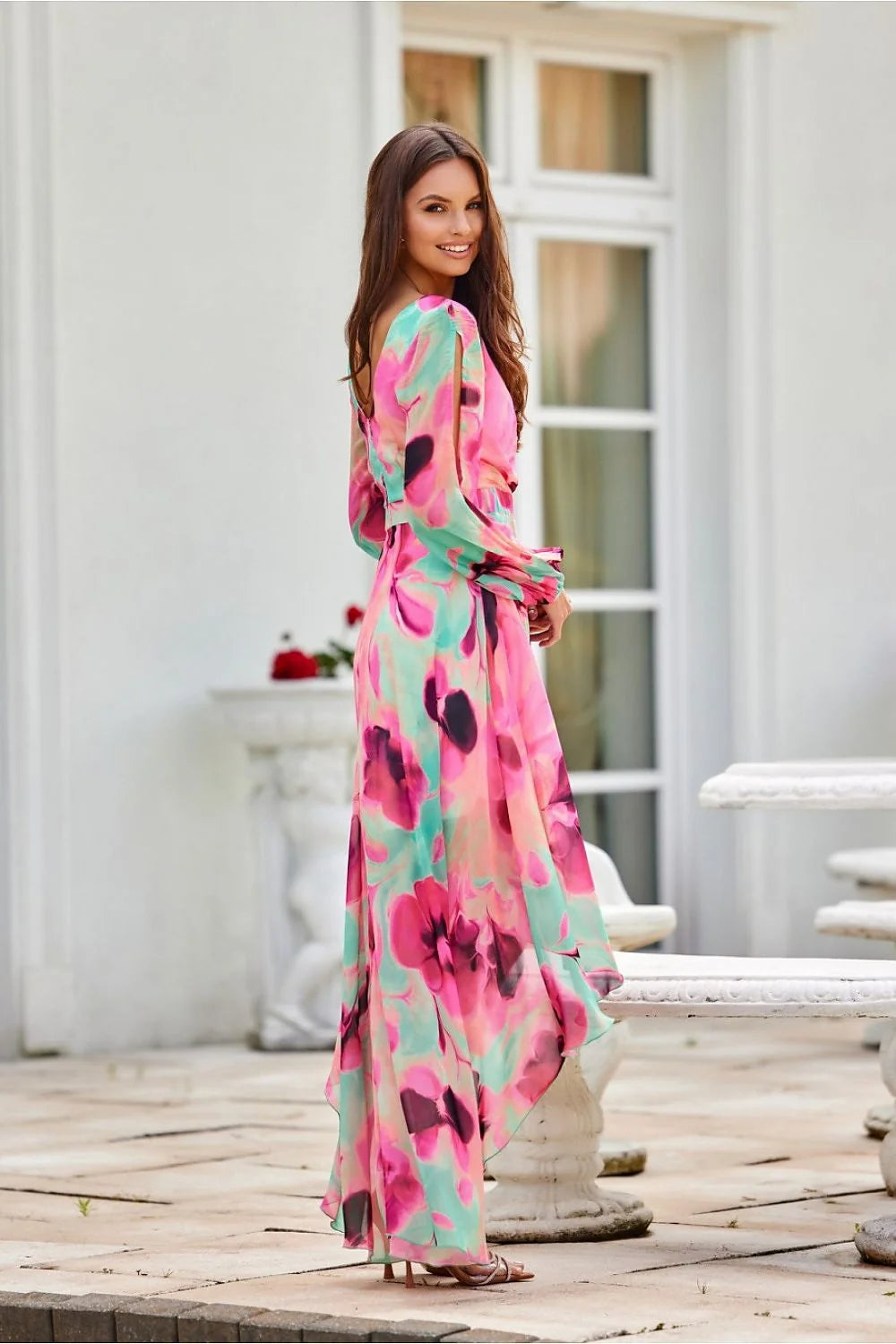 robe asymétrique maxi Roco Fashion manches longues fluides chiffon col V croisé taille cintrée ceinture intégrée traîne plissée