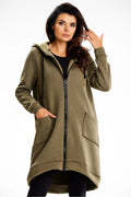 Sweatshirt long à capuche asymétrique pour femme, style décontracté moderne, couleur kaki, matériau doux, confort optimal, occasions multiples