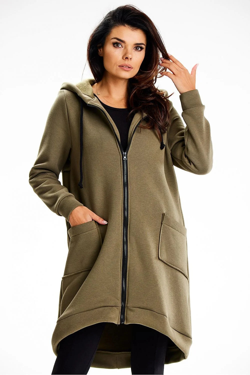 Sweatshirt long à capuche asymétrique pour femme, style décontracté moderne, couleur kaki, matériau doux, confort optimal, occasions multiples