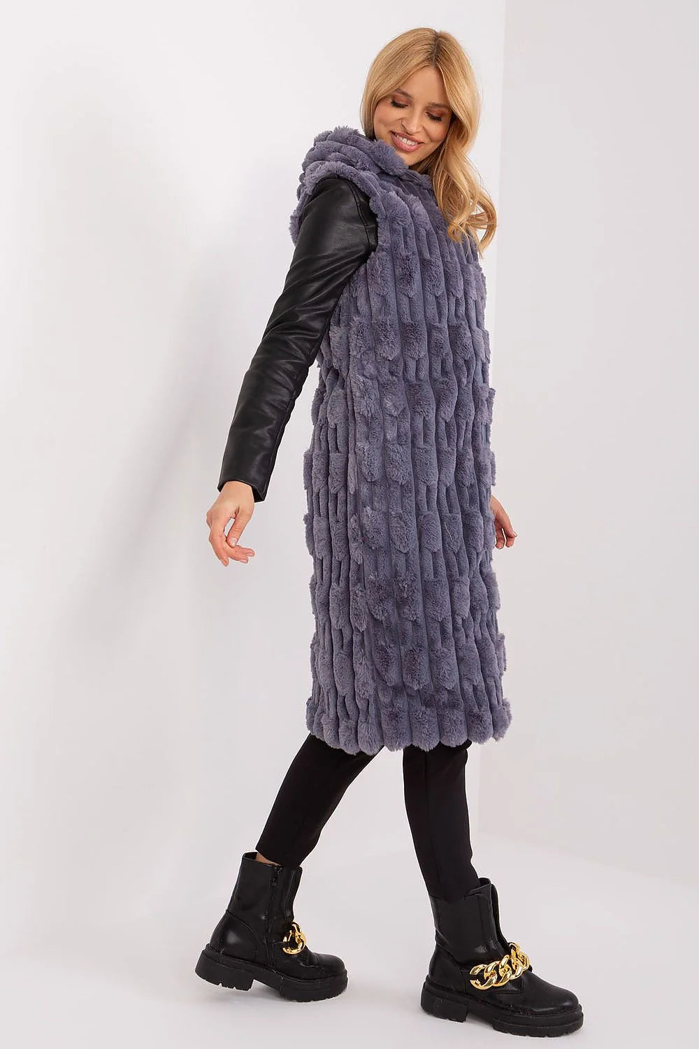 manteau féminin long midi fourrure synthétique gris violacé manches contrastantes simili cuir col montant fermeture éclair capuche poches verticales texturées