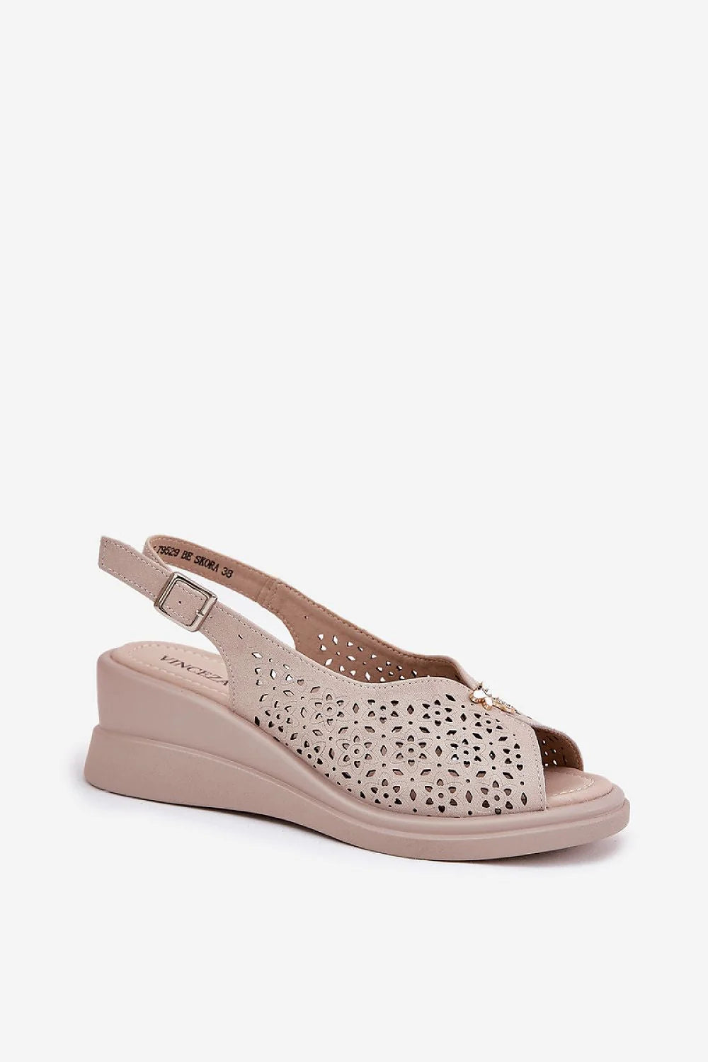 Sandales femmes design chic ouvertes laser cut fleurs beige cuir suedette été compensé confort