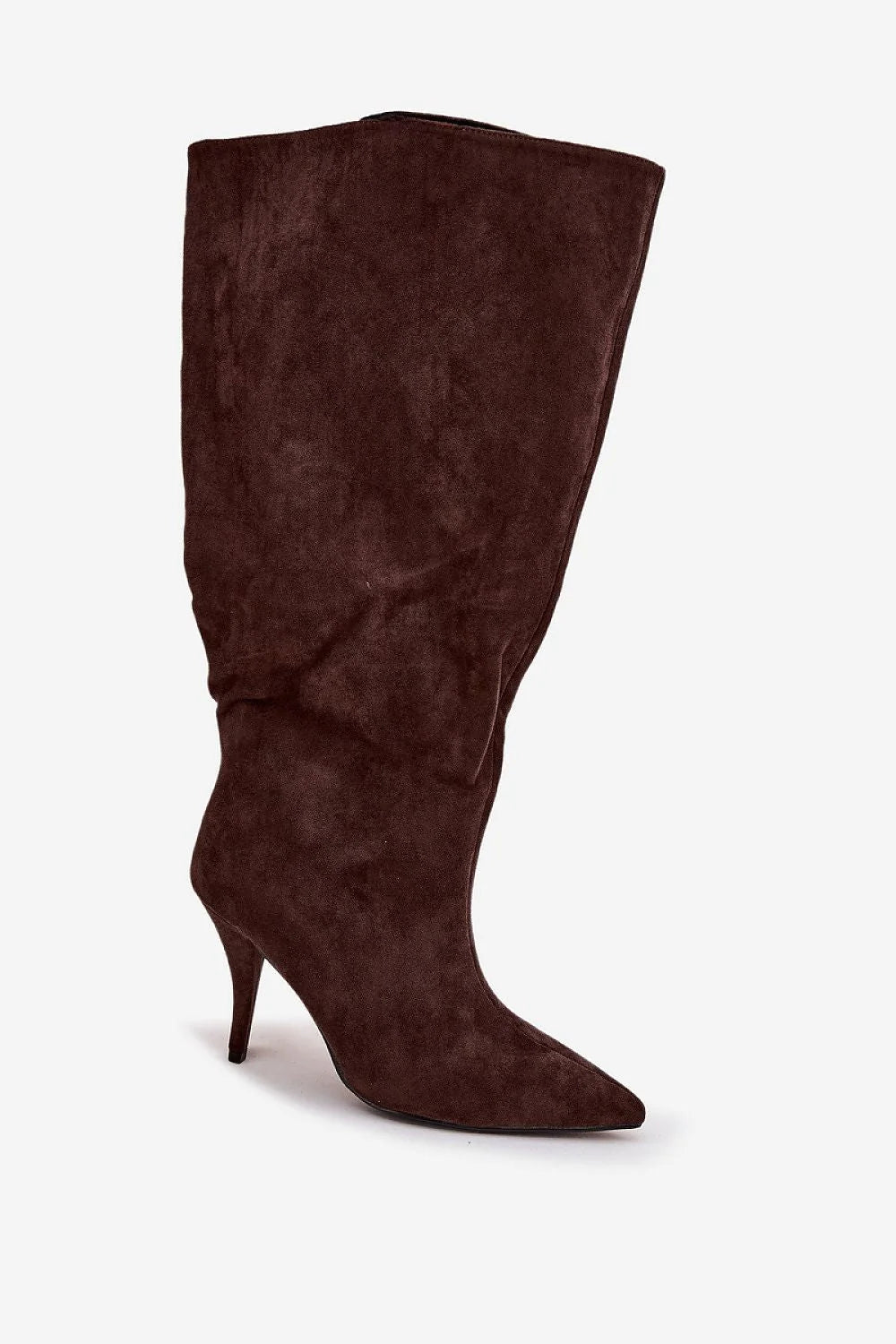 bottes hautes femme suède synthétique souple marron chocolat bout pointu talon aiguille 95mm tige froncée sans fermeture effet velours chic