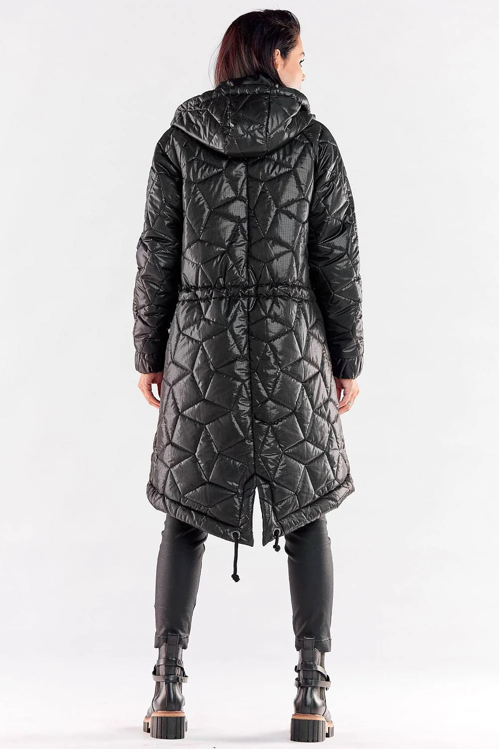 veste femme mi longue matelassée capuche bleu métallisé irisé géométrique coupe droite cintrée polyester doublée rembourrée poches rabats